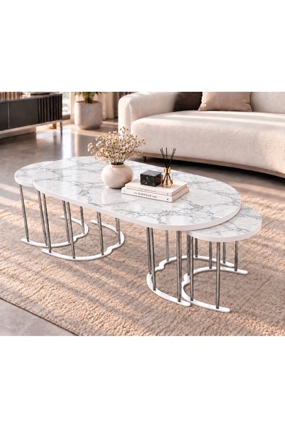 Zigon 2+1 YAVRULU GÜMÜŞ METAL BEYAZ MERMER DESEN OVAL ORTA SEHPA