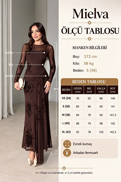 mielva Women's Brown Glittery Floral Embroidered Transparent Detailed Belted Front Maxi Long Sleeve Tulle Dress