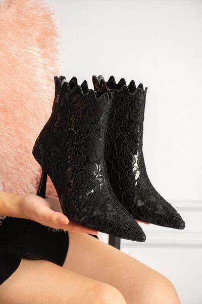 dabab shoes MONA Cizme de damă din dantelă neagră, brodate, cu vârf ascuțit, ...