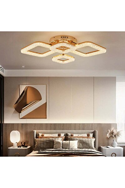 Jiju Lustra LED aurie patrata 96W cu telecomanda, dimabila, 3 lumini, 67x47x1...