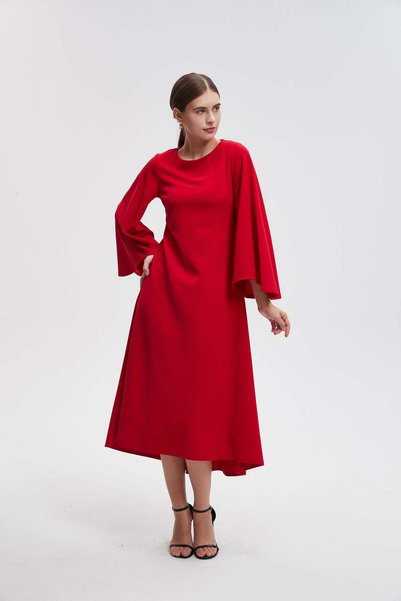 Livia Solid Midi Dress with Butterfly Sleeves
