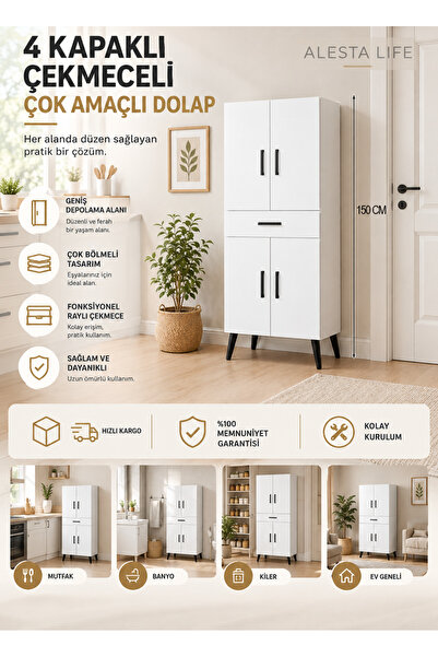 Alesta Life 4 Kapaklı Çekmeceli Mutfak Dolabı Banyo Dolabı Çok Amaçlı Dolap B...