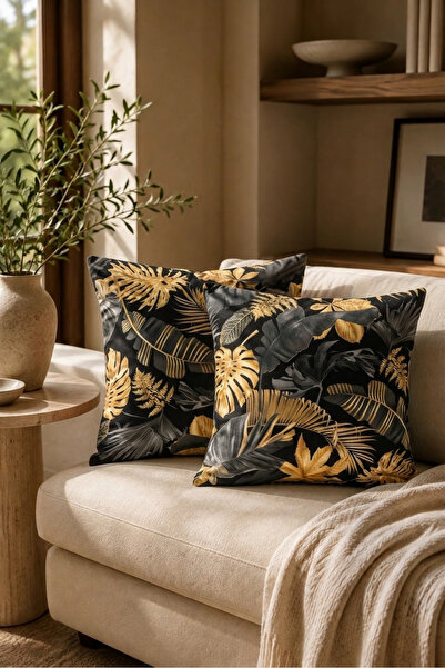 desenizmir 2-Piece Digital Printed Throw Pillow Cover Gold Leaf