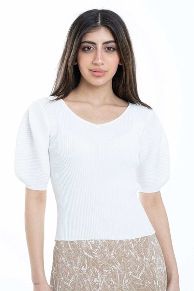 mica Solid Ribbed Puff Sleeve Top