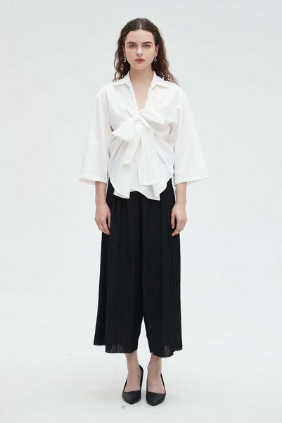 Nichii Women's Solid 3/4 Sleeve Blouse with Tie Detail at the Chest