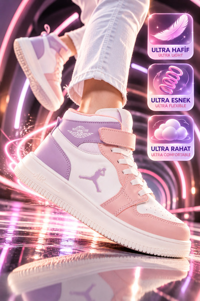 Cool Beyaz-Pudra Cırtlı Basket Tarzı Bilek Boy Sneaker Kız Çocuk Spor Ayakkab...