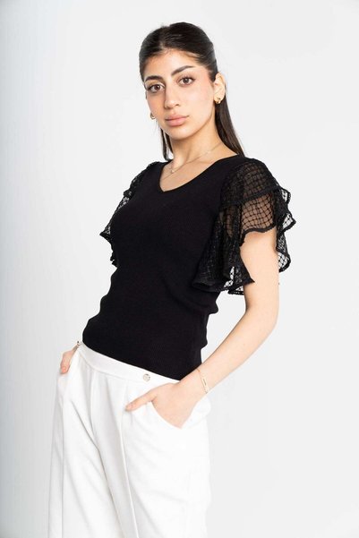 mica Solid Chiffon Short Sleeve Blouse with Round Neck