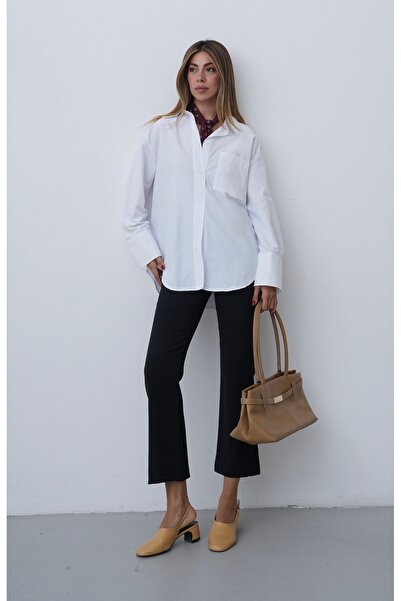 Myra Fashion Oversize Poplin Gömlek Tek Cepli Geniş Kesim Uzun Kol Bluz Kadın...