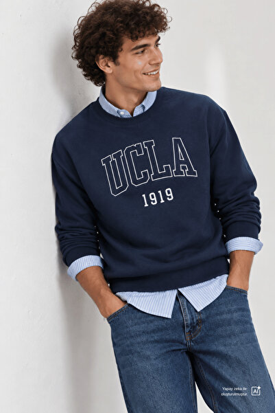 UCLA Sandhıll Lacivert Bisiklet Yaka Nakışlı Şardonlu Loose Fit Erkek Sweatshirt