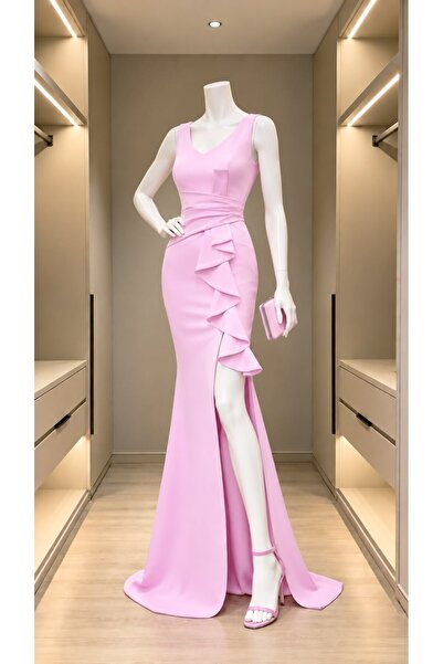 Modafeminen Volan Detailliertes Abendkleid mit Schleppe 582054 ROSA