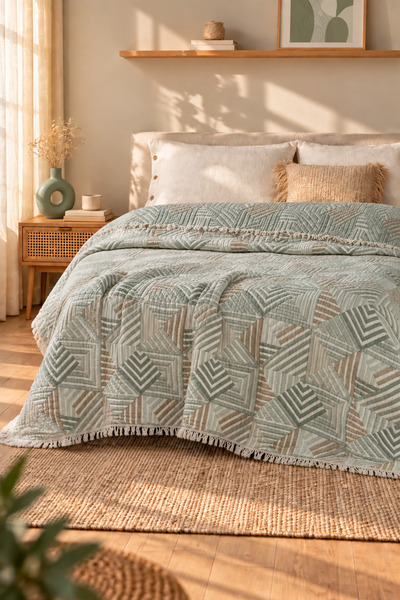 VERONİCA LİNE Geometric 100% Cotton Ply Muslin Bedspread Piqué , Premium Tass...