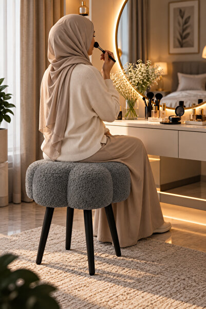 Taimi Boucle Vanity Stool with Plush Upholstered Seat, Black Legs, Modern Bed...