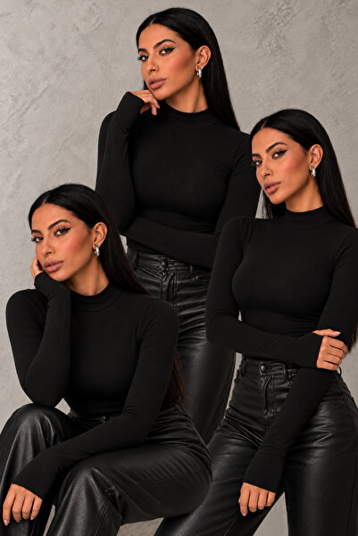 Ladima Women's Black 3-Piece Finger Detailed Bodysuit