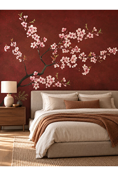 desenlik Sakura Çiçeği Desenli Duvar Kağıdı – Bordo Zemin