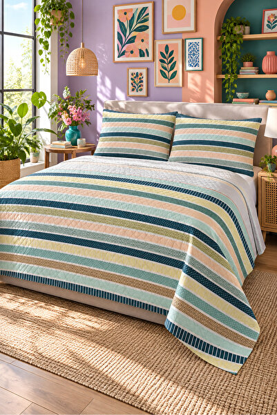 Evmila Turquoise Beige Striped Bedspread 200X220 Double Pique Set