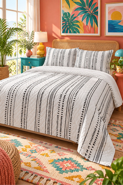 Evmila Black and White Geometric Striped Bedspread 200X220 Double Pique Set