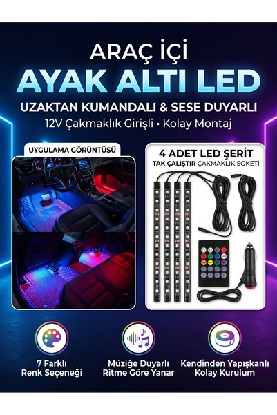 Genel Markalar Araç Içi Kumandalı Müziğe Duyarlı RGB 12Led Ayak Altı Led Aydı...