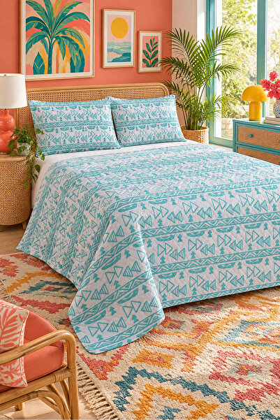 Evmila Turquoise Geometric Patterned Bedspread 200X220 Double Pique Set