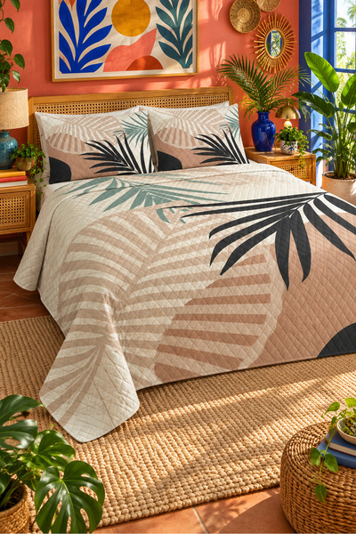 Evmila Abstract Leaf Patterned Bedspread 200X220 Double Pique Set