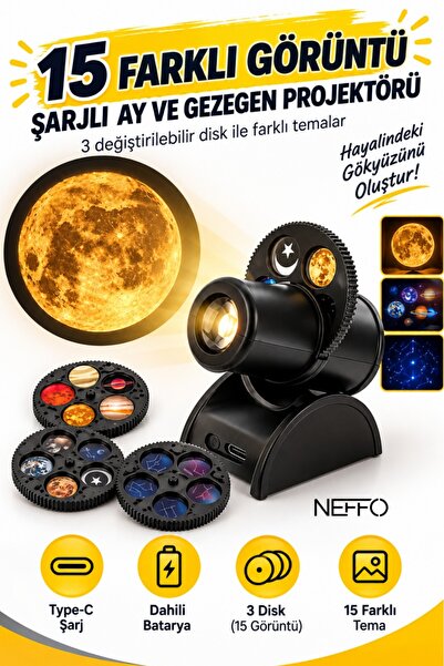 NEFFO Yıldızlı Gece Lambası 15 Farklı Sahne Projeksiyon Led Lamba USB Şarjlı ...