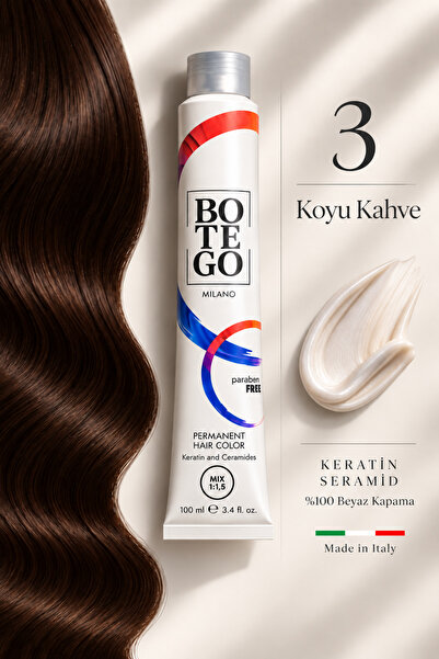 botegohair Profesyonel Kalıcı Krem Saç Boyası - 3 Koyu Kahve - 100 ml – Kerat...