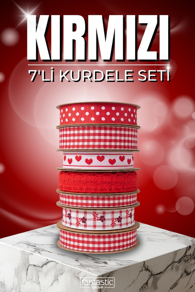 FANTASTIC KURDELE Set de 7 panglici țesute cu tematică roșie – în carouri, cu...