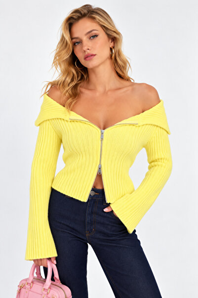 İLKCET MODA Double Zipper Yellow Madonna Collar Knitwear Cardigan