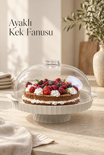 Okyanus Home Coliseum Ayaklı Bej Yuvarlak Kek - Pasta Fanusu