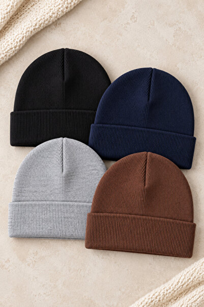 ESES BEBE 4'lü Paket Unisex Bebek Çocuk Esnek Kaşkorse Bere Seti Pamuklu Mevs...
