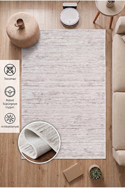 Santiva Home Bej Krem Çizgili Tozumaz Halı Modern Salon Oturma Odası Yolluk A...
