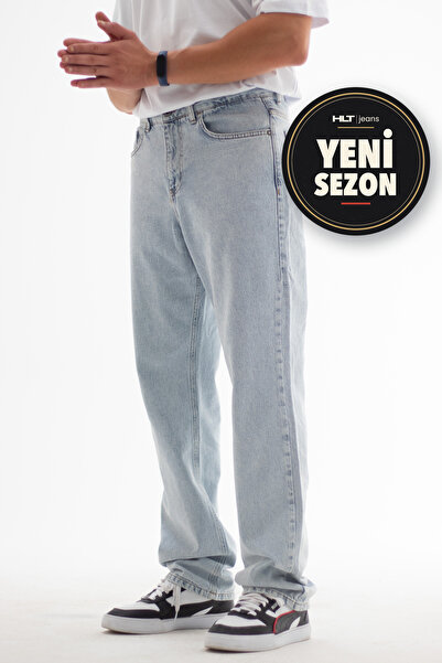 HLT JEANS Erkek Mavi Kar Straight/Baggy Fit %100 Pamuk Yıkamalı Jean Kot Pant...