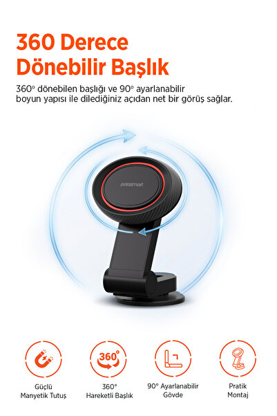 Polosmart PBS155 Mıknatıslı Araç İçi Telefon Tutucu Siyah 360° Döner 90° Ayar...