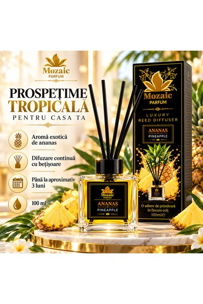 MOZAİC Luxury Reed Diffuser Ananas, Parfum de Cameră cu Bețișoare, 100 ml