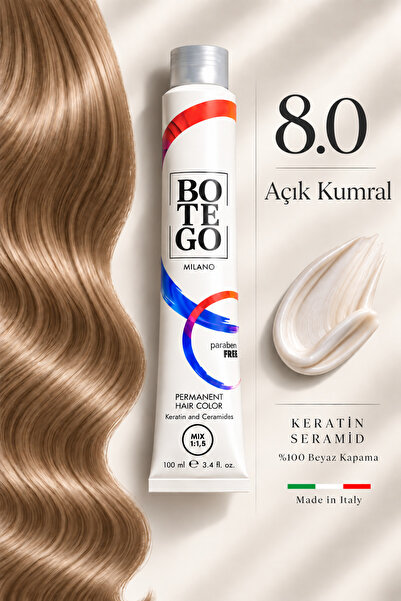 botegohair Profesyonel Kalıcı Krem Saç Boyası - 8.0 Açık Kumral- 100 ml – Ker...