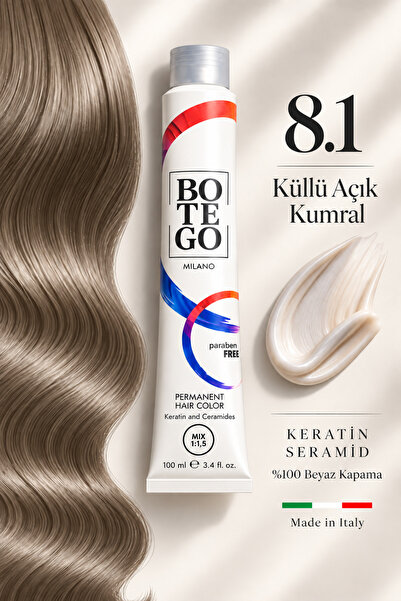 botegohair Profesyonel Kalıcı Krem Saç Boyası - 8.1 Küllü Açık Kumral - 100 m...