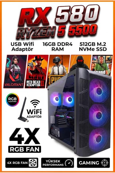 COMLOJI GA Full-Perf Gaming Ryzen 5 5500 + RX580 8GB + 16GB DDR4 RAM 512GB M....