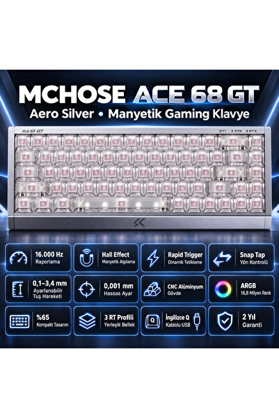MCHOSE Ace 68 GT Aero Silver %65 Mount Tai GT Pink Magnetic Switch 16K Hz Hall Effect ARGB İngilizce Gaming Klavye (HW-Ace68GT-2)