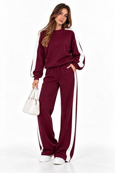 Kadın Şerit Detaylı Modal Sweatshirt Bol Paça Eşofman Takımı