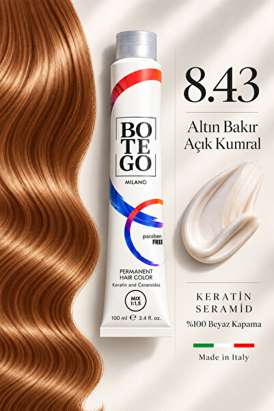 botegohair Profesyonel Kalıcı Krem Saç Boyası - 8.43 Altın Bakır Açık Kumral ...