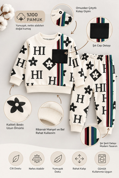 NOTA KİDS Baby Boy 100% Cotton 3-18 Months White Color Italiano Bottom and Top Set