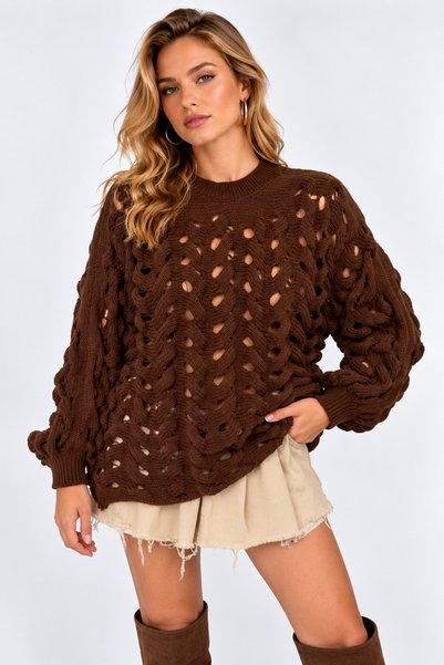 İLKCET MODA Tricotaj maro ajurat Pulover oversize pentru femei