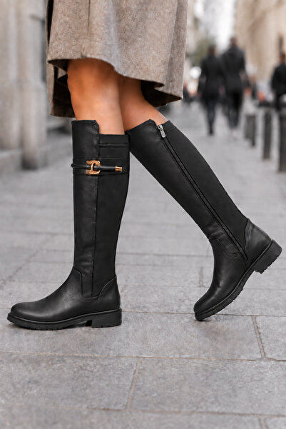 MT Women's Black Genuine Leather Flexible Riding Boots with Accessory Detail