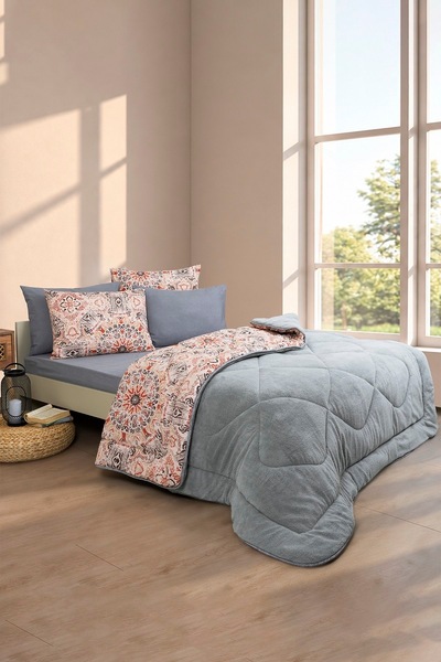 Sudemhome Double-Sided Plush Welsoft Pufidik Polar Sleeping Set (Quilt + King Size Elastic Sheet + 4 Pillowcases)