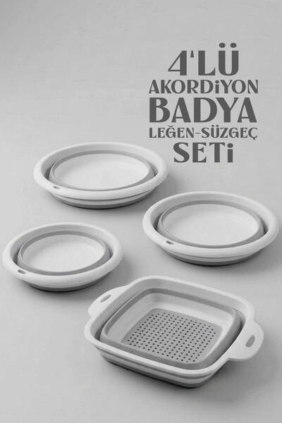 HOMENIVA Gri 4’lü Akordiyon Katlanır Badya Leğen Süzgeç Setii