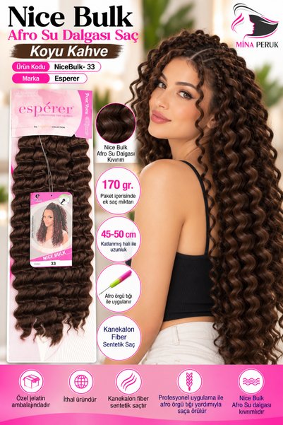 Mina Peruk Unisex Nice Bulk Afro Su Dalgası Saç - Koyu Kahve