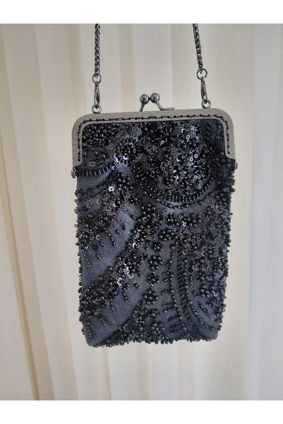 lavante butik kendini özel hisset Women's Black Long Chain Strap Stoned Mini Portfolio Evening Dress Bag Double Sided Stoned Evening Dress Bag Özek Day Bag