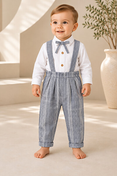 LİLİYUM Erkek Bebek Gabardin Askılı Takım Papyonlu Şık Takım Krem 6-9-12-18 Ay