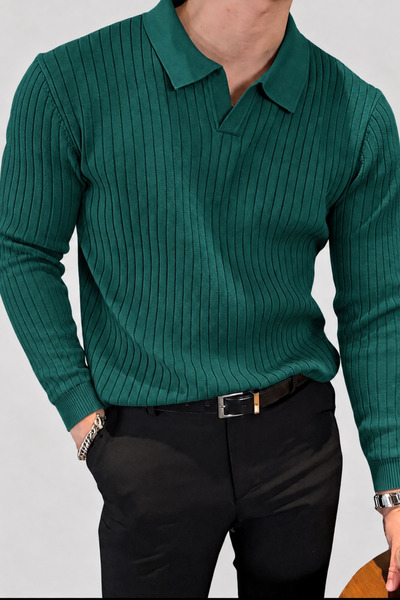 GENIUS STORE Pulover cu guler polo pentru bărbați, cu nervuri, anti-pilling, ...