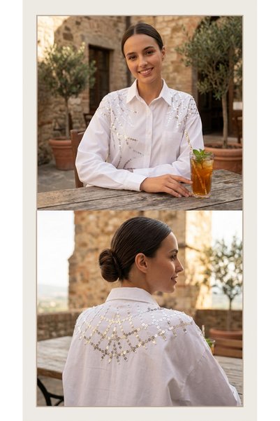 vellum butik PAYET İNCİ DETAYLI POPLİN KADIN GÖMLEK