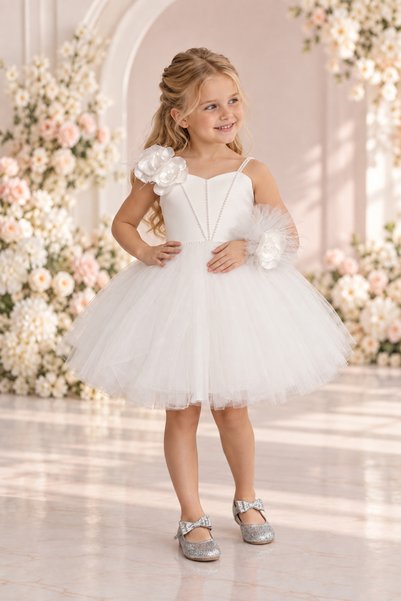 black white wedding Girl's White One-Shoulder Rose and Feather Detailed Mini Pearl Dress